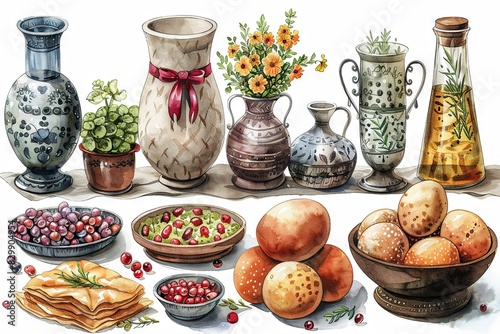 Detailed illustration showcasing a collection of ornate pottery and traditional food items on a white background