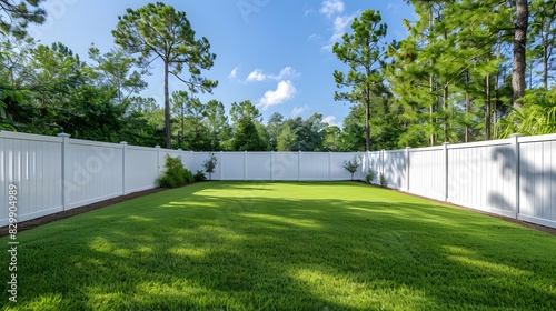 A photo shows a white vinyl fence around a backyard with green grass, trees and a blue sky.
