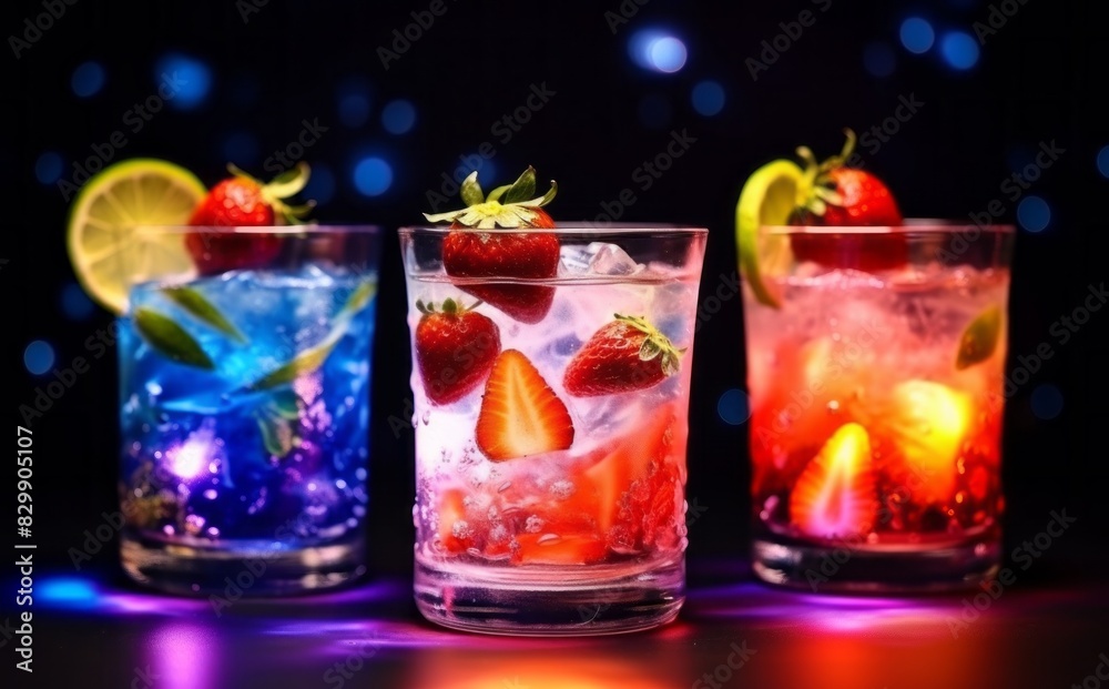 Refreshment multicolor fruit cocktail with ice, lemon and mint in a bar, night club party with soft drinks Refreshment multicolor fruit cocktail with ice, lemon and mint in a bar, night club party with soft drinks