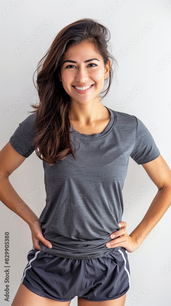 One Asian woman posing in sportswear, on white background, studio shoot. One Asian woman posing in sportswear, on white background, studio shoot.