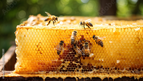 honeycomb on tree nature and swarm honey bee on comb beehive.

