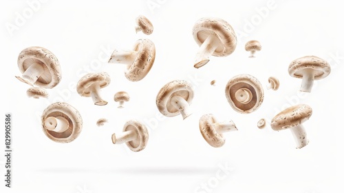 fresh champignon mushrooms flying in the air isolated on white background creative food concept