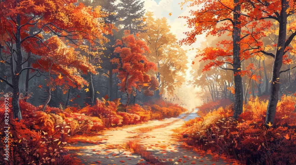 Illustrate a woodland path in autumn. Depict a winding path through a forest with trees on either side. Use clean lines and warm colors to create a sense of depth and perspective, inviting viewers to