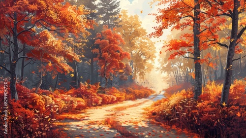 Illustrate a woodland path in autumn. Depict a winding path through a forest with trees on either side. Use clean lines and warm colors to create a sense of depth and perspective  inviting viewers to