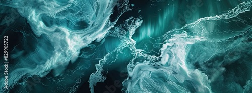 Capture the majestic dance of auroras swirling over icebergs in a harmonious blend of natural beauty and artistic abstraction, from a birds eye view using drones photo