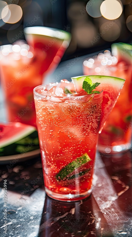 Watermelon sorbet in a glass, decorated with mint leaves. Watermelon sorbet in a glass, decorated with mint leaves.