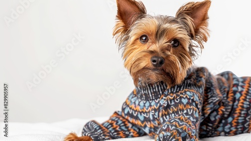 Yorkshire Terrier 3 years old wearing clothing photographed on a white background photo
