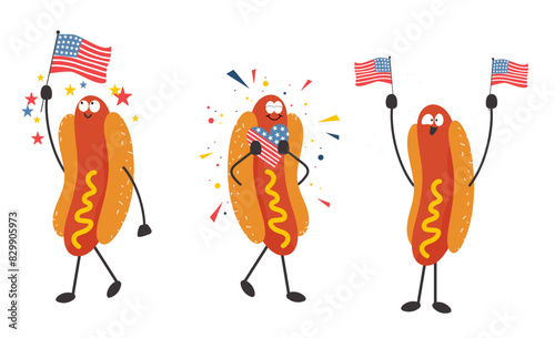 Happy hot dogs mascot celebrating 4th of July. Handdrawn characters hugging heart, waving an american flag.