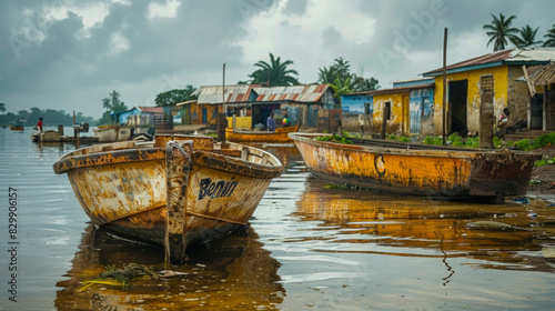 A weathered boat named  Benin  sitting at the edge of a tranquil river with traditional African buildings in the background