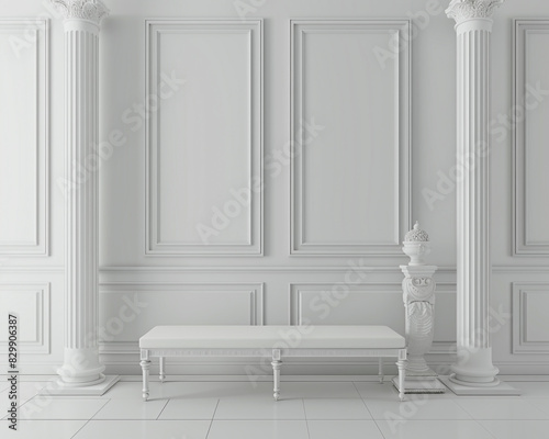 Contemporary chic hallway with two blank frames on a milky white wall, a white bench, and a white sculpted column.