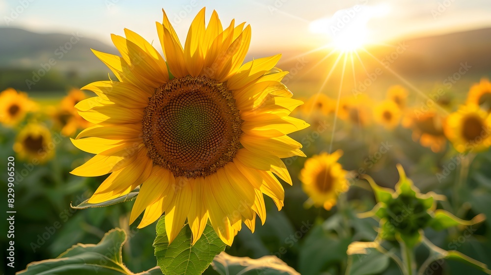Obraz premium A sunflower field under the setting sun, with sunlight casting long shadows over vibrant yellow petals and green leaves.