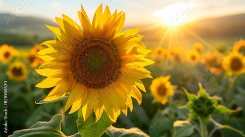A sunflower field under the setting sun  with sunlight casting long shadows over vibrant yellow petals and green leaves.