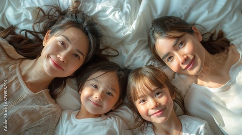 An Asian family shares a joyful moment snuggling together on a bed under soft daylight
