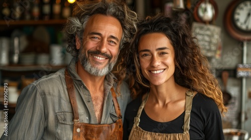A male and female coffee shop owner share a cheerful moment in their rustic-themed café