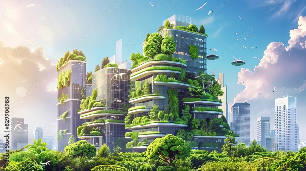 Obraz premium futuristic sustainable green building with vertical gardens in modern ecocity netzero emissions architecture illustration