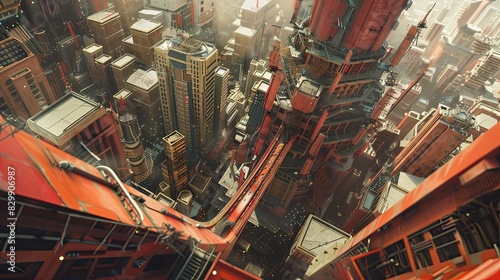 Craft a dreamlike cityscape featuring a birds-eye perspective of a dystopian world where reality and imagination collide Experiment with unexpected angles