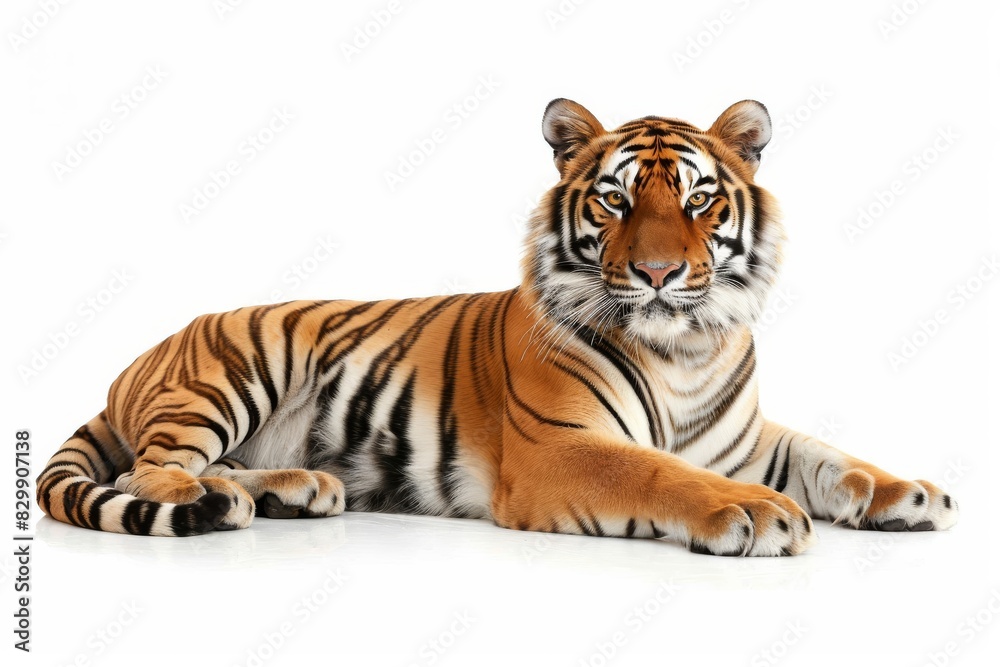 Majestic tiger resting on white surface - perfect for wildlife themes