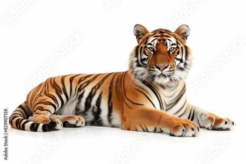 Majestic tiger resting on white surface - perfect for wildlife themes