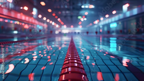 A swimming pool with red and white tiles, a long view of the starting line at one end of an olympic-sized competition swim track.