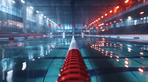 A swimming pool with red and white tiles, a long view of the starting line at one end of an olympic-sized competition swim track. photo