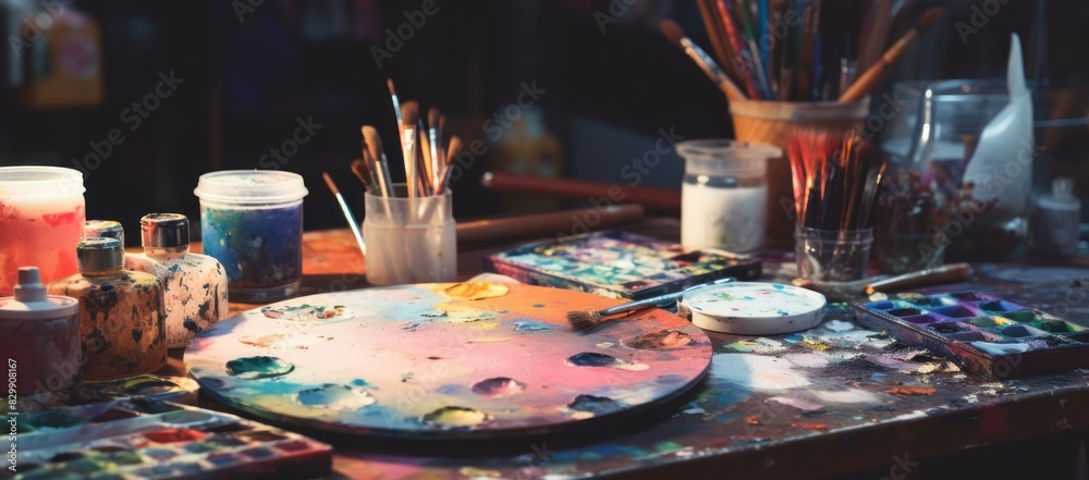 An image of a set of art supplies including colored pencils, paints, brushes and a sketchbook An image of a set of art supplies including colored pencils, paints, brushes and a sketchbook