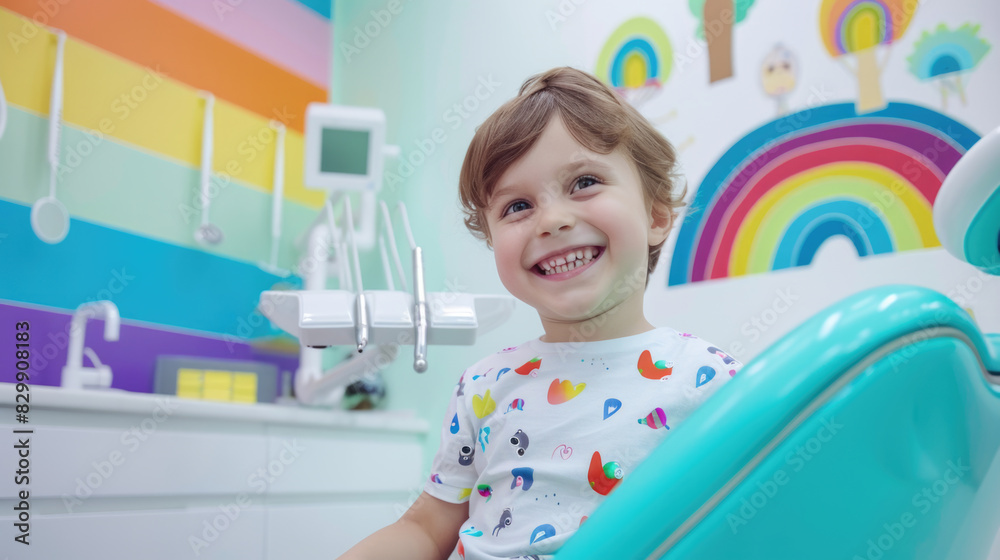 Happy smiling kid sitting in dental chair in modern colorful dental clinic for children