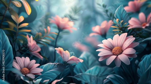 Design an artwork representing nature awakening in spring. Depict various elements of nature  such as flowers  leaves  and small animals  emerging and interacting in a harmonious scene. Use soft