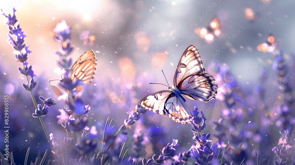 custom made wallpaper toronto digitalBeautiful butterflies in the air, surrounded by lavender flowers, beautiful and dreamy, with a bokeh background and blurred background, with blue and purple tones.