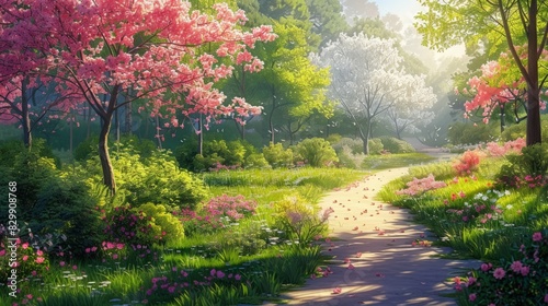 Illustrate a serene spring garden path. Depict a simple path winding through a garden filled with blooming flowers and fresh greenery. Use soft colors and clean lines to create a tranquil and