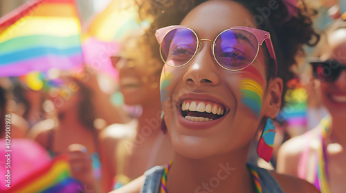 Smiling person with rainbow face paint and sunglasses at a pride parade. Colorful LGBTQ+ celebration with copy space.