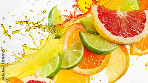 Vivid burst of citrus juice splashing in mid-air, forming vibrant, wavy patterns on a pristine white background