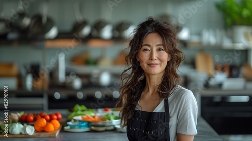 An attractive, middle aged, Chinese woman cooking in a kitchen