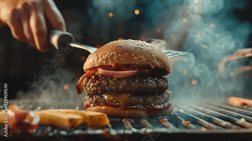 A Cook finally assembling with spatula a lovely beef burger... photo