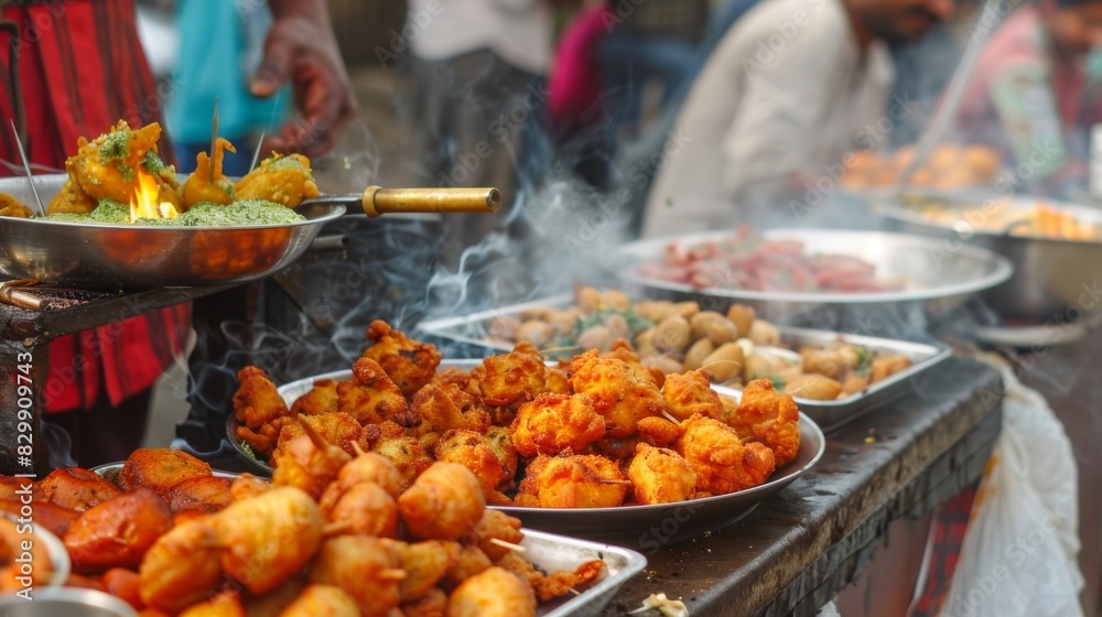 An Indian street food vendor serving hot, crispy pakoras with a side of spicy chutney.