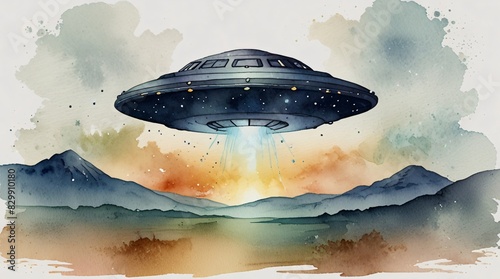 watercolor painting of UFO on sky  photo