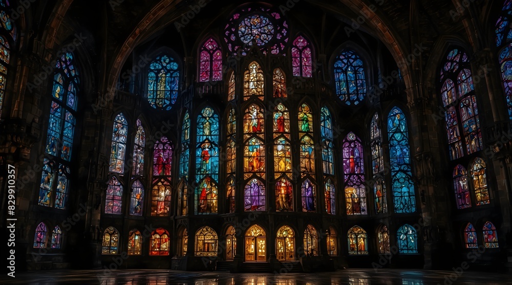 A picture of a majestic castle with stained glass windows illuminating its chambers in a myriad of colors ai_generated