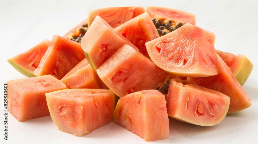 Freshly cut ripe papaya pieces in a pile, isolated on white background, ideal for tropical food displays, bright and appetizing, ample space for text Freshly cut ripe papaya pieces in a pile, isolated on white background, ideal for tropical food displays, bright and appetizing, ample space for text