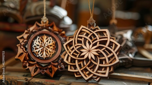 intricate handcrafted celtic wooden mandala ornaments showcasing exquisite woodworking product photography