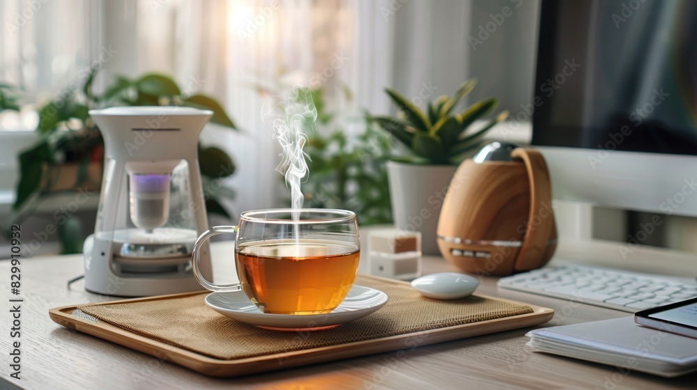 A calm workspace with a cup of herbal tea, essential oils, and a diffuser on the desk A calm workspace with a cup of herbal tea, essential oils, and a diffuser on the desk