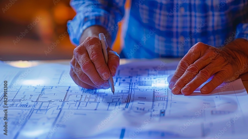 Architect's hands working on a detailed blueprint with focus on precision and accuracy in a well-lit workspace. Architect's hands working on a detailed blueprint with focus on precision and accuracy in a well-lit workspace.