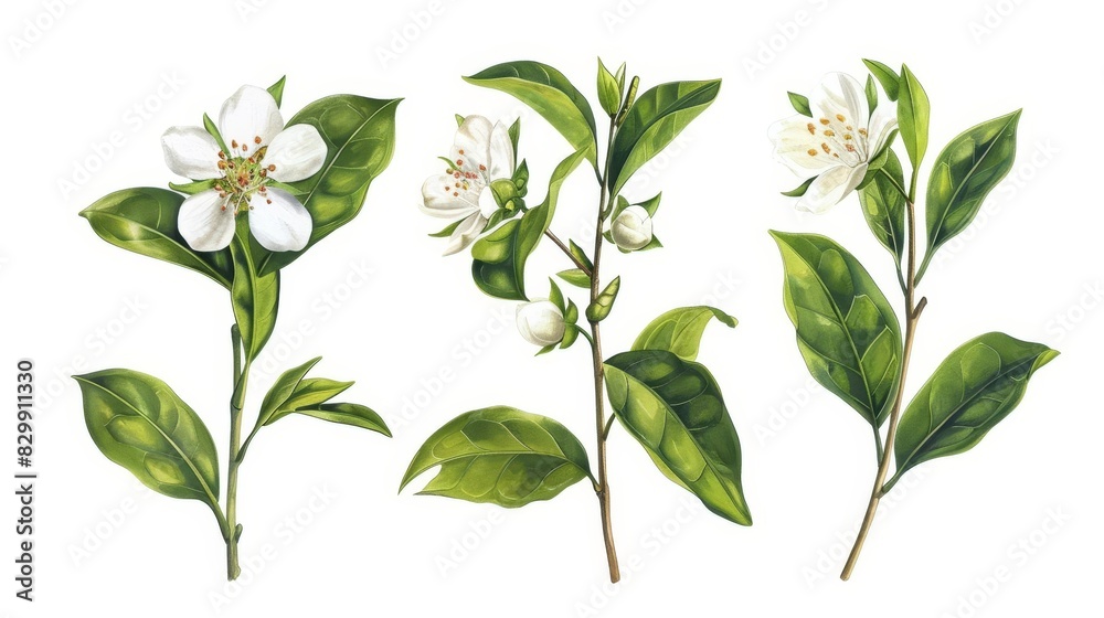 isolated green tea flowers and leaves on white background botanical illustration