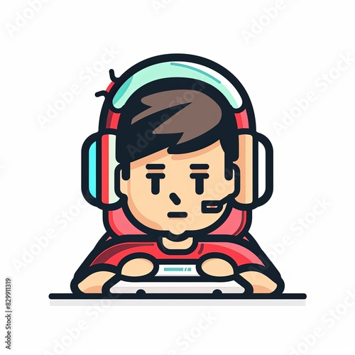 A boy wearing headphones and a red shirt is playing a video game