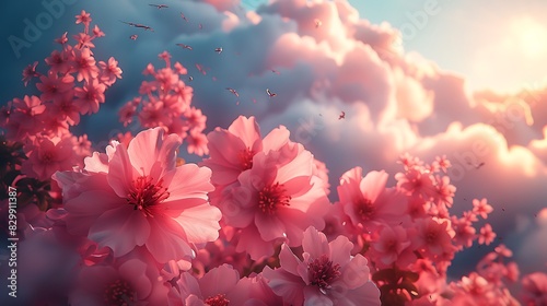 Flowers growing in the sky  surreal and fantastical scene  vibrant blooms among clouds  rich pinks and blues  birds flying around the flowers  soft and dreamy lighting  whimsical and imaginative.