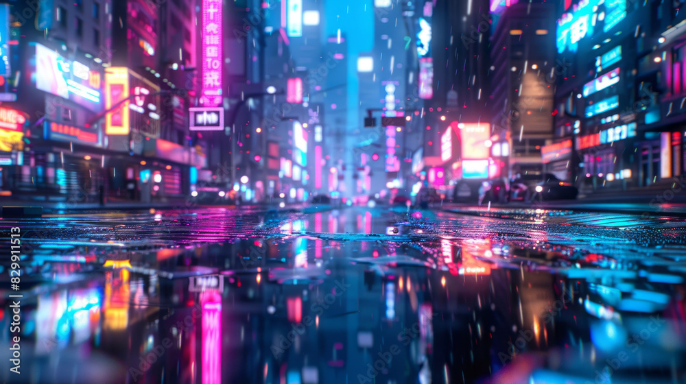 Futuristic neon city street with vibrant lights and rain reflections