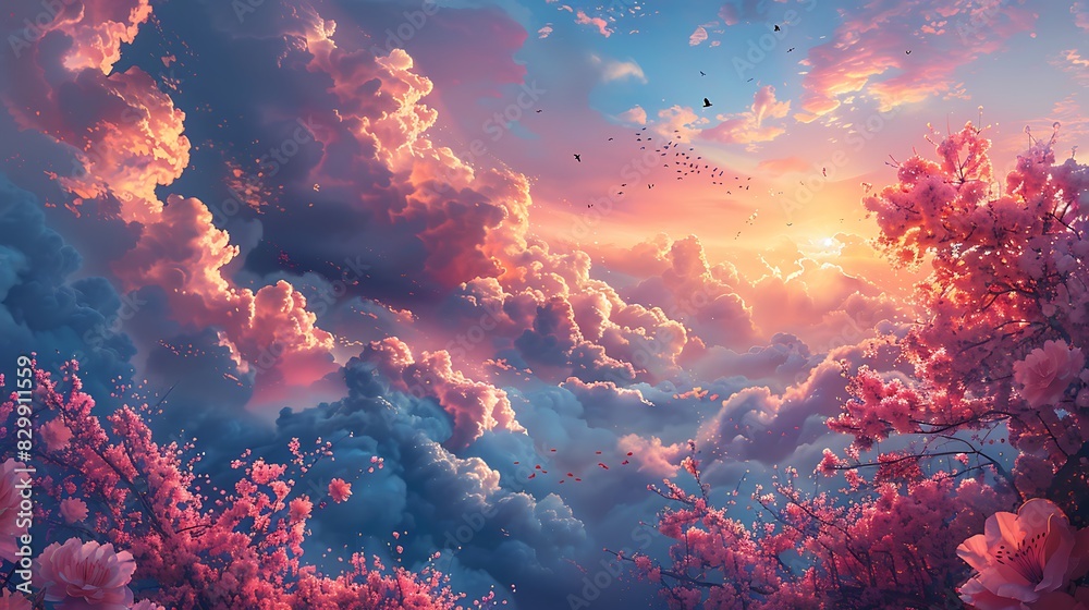 Flowers growing in the sky, surreal and whimsical scene, vibrant blooms floating among clouds, rich blues and pinks, birds flying around the flowers, soft and dreamy lighting, fantastical . Flowers growing in the sky, surreal and whimsical scene, vibrant blooms floating among clouds, rich blues and pinks, birds flying around the flowers, soft and dreamy lighting, fantastical .