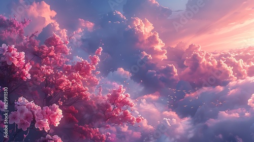 Flowers growing in the sky, surreal and fantastical scene, vibrant blooms among clouds, rich pinks and blues, birds flying around the flowers, soft and dreamy lighting, whimsical and imaginative.