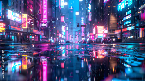Futuristic neon city street with vibrant lights and rain reflections © standret