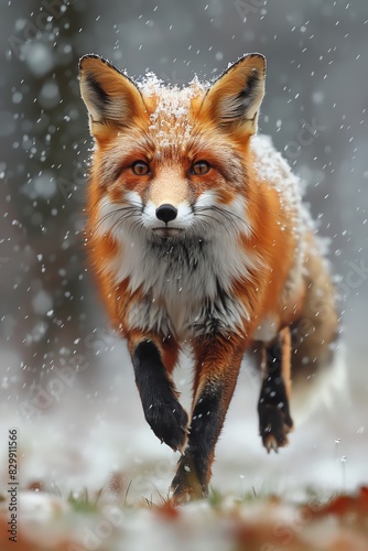A beautiful red fox walking through a snowy forest, looking directly ahead. The winter landscape creates a serene and captivating scene.