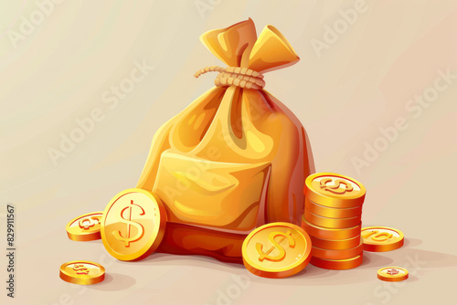 Money bag with gold coins representing wealth and savings photo