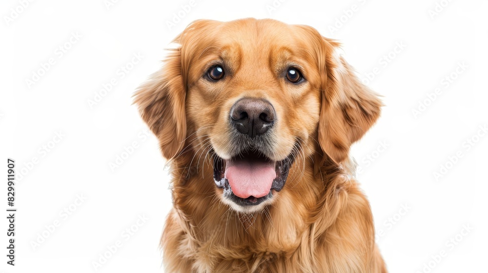 joyful golden retriever dog smiling and posing on white studio background